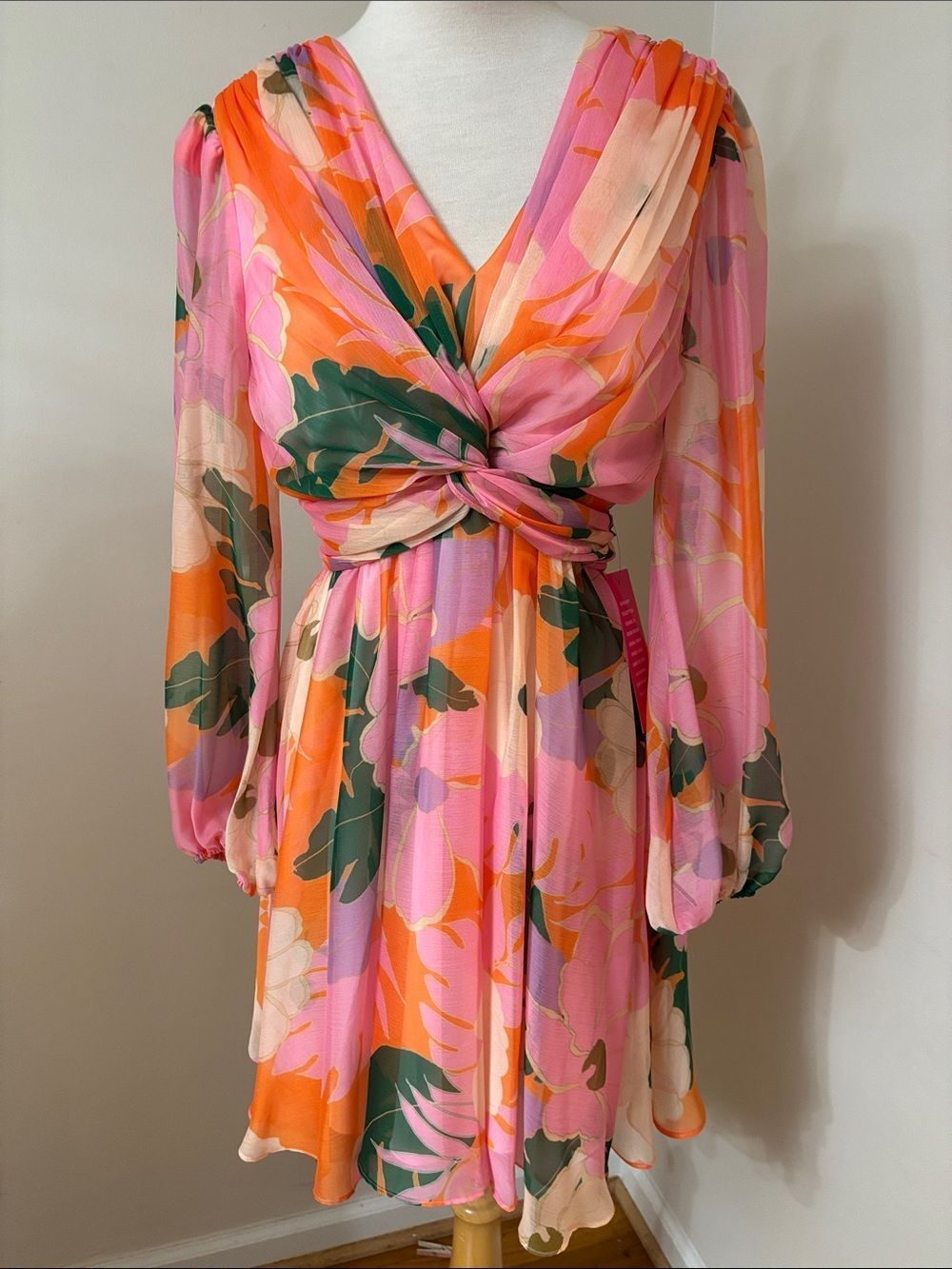 Alex Marie Floral Chiffon Twist-Front Mini Dress in Pink & Orange 6
